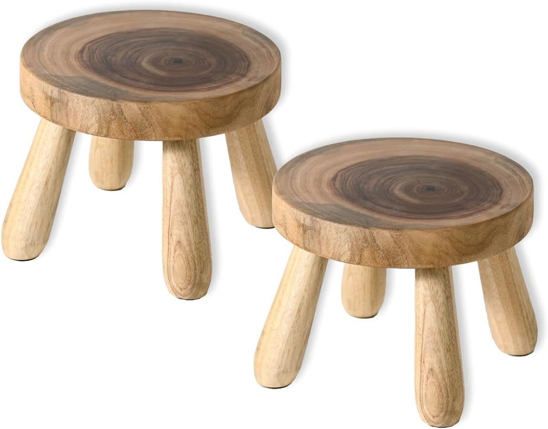 ABBI NIMO 7 Inch Short Solid Wood Step Stool 2 Pack, Natural Growth Ring Wood for Adults, Kids and Toddlers, Simple Minimalist Riser for Plants and Home Décor - Image 1